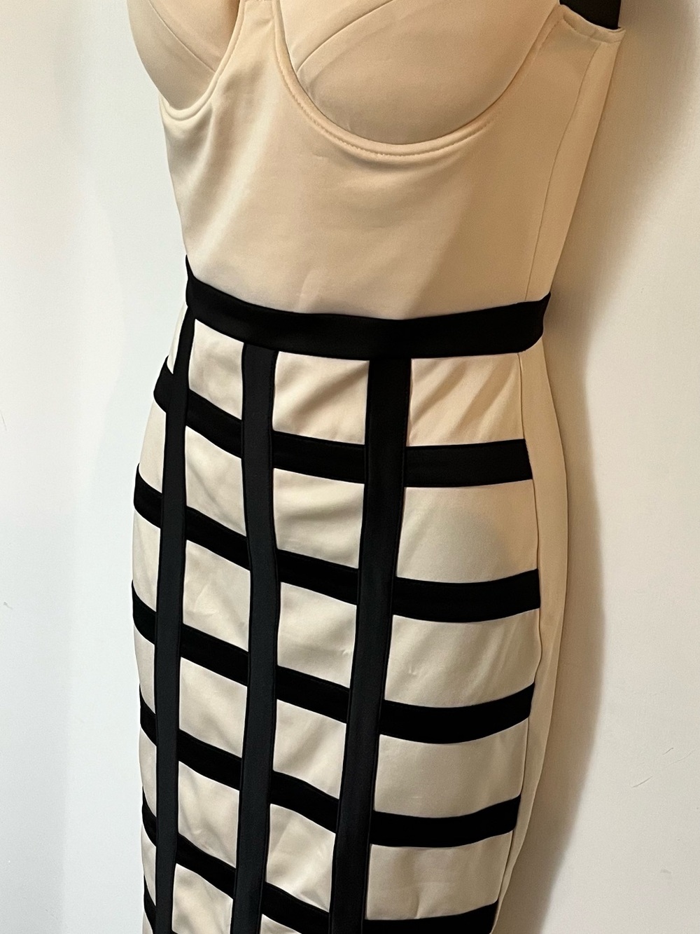 Papaya Cream and Black Strapless Grid Sheath Dress